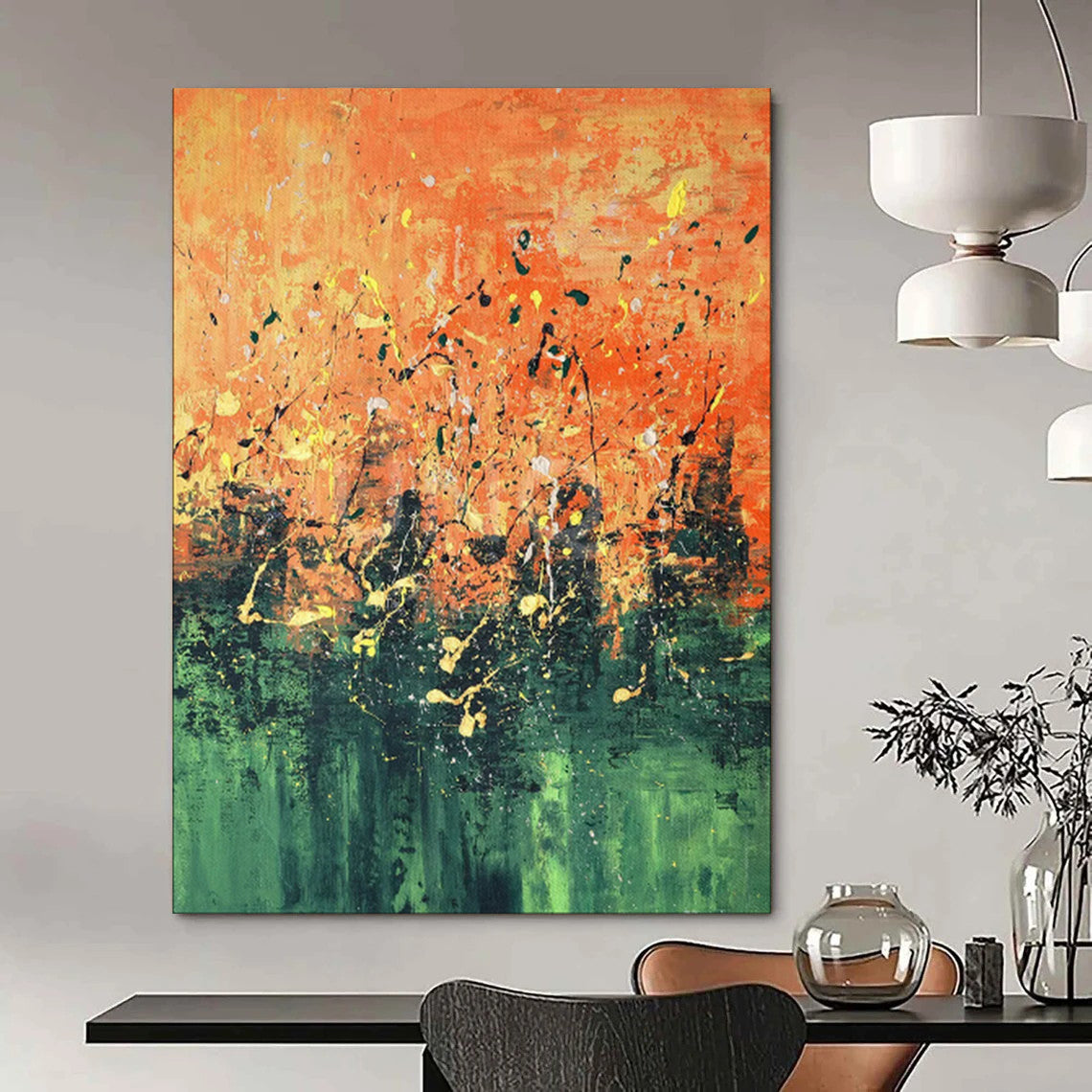 “Vibrant Orange and Green Abstract Splatter” - Abstract Expressionist Painting On Canvas PT1939