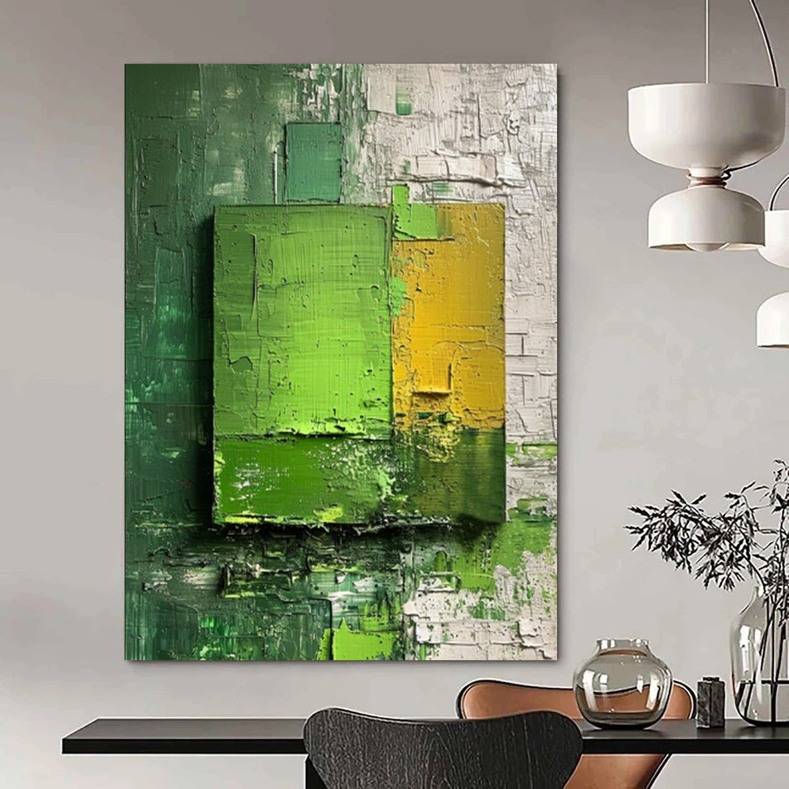 “Green - Yellow Textured Squares” - Abstract Expressionist Painting On Canvas DS030