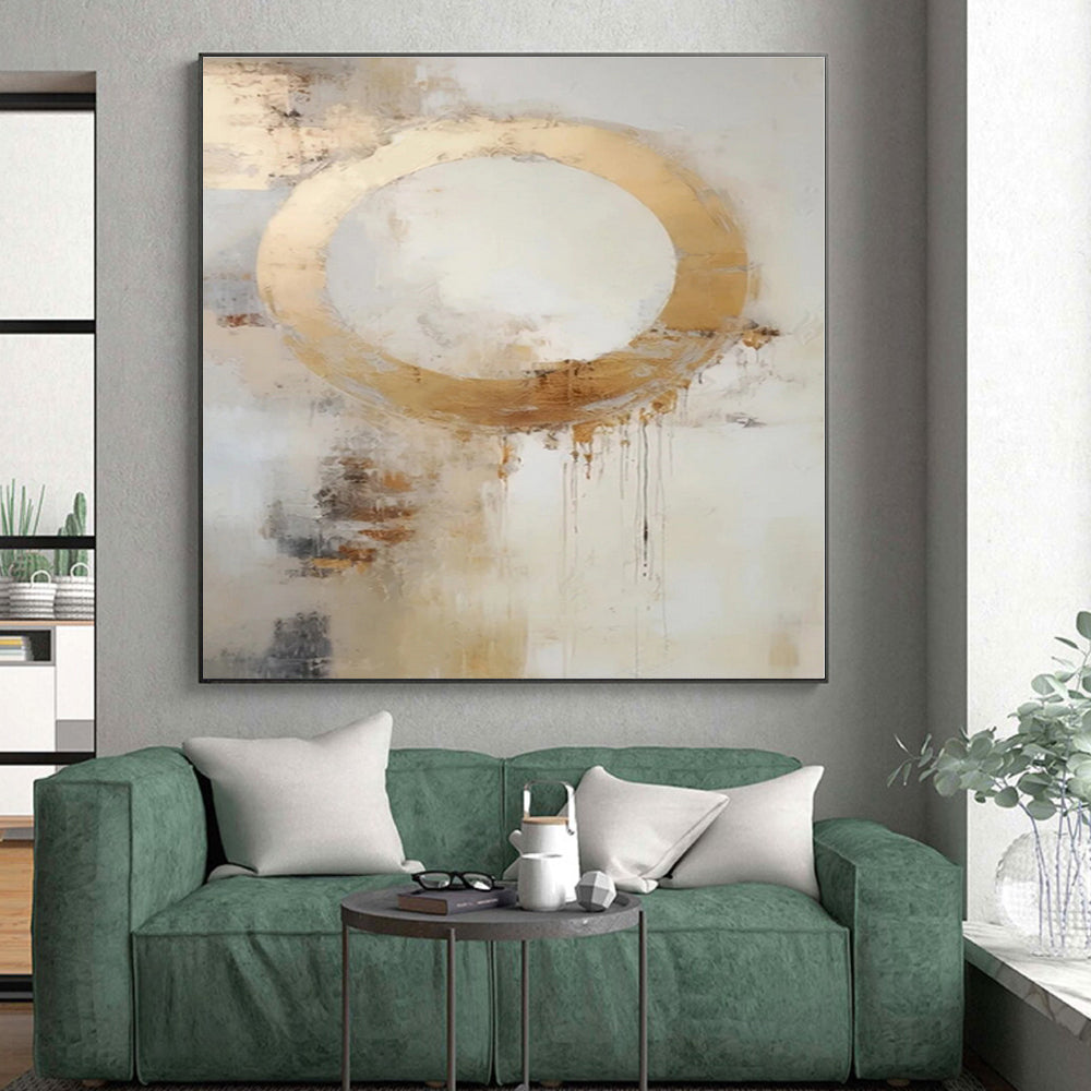 “Gold - White Abstract Circle” - Gold, White, Beige Abstract Minimalist Painting On Canvas PS0586