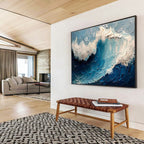 “Textured Ocean Wave” - Blue, White & Gray Seascape, Impasto Oil Painting On Canvas DKS766