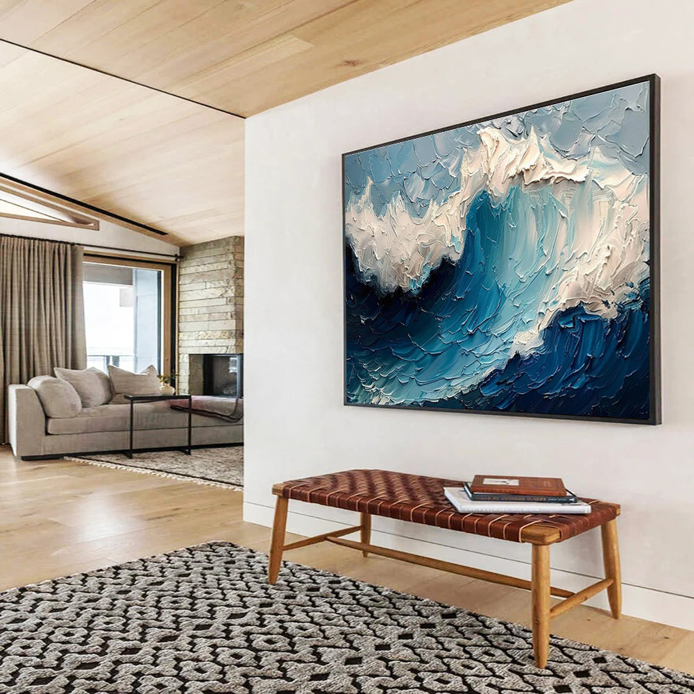 “Textured Ocean Wave” - Blue, White & Gray Seascape, Impasto Oil Painting On Canvas DKS766