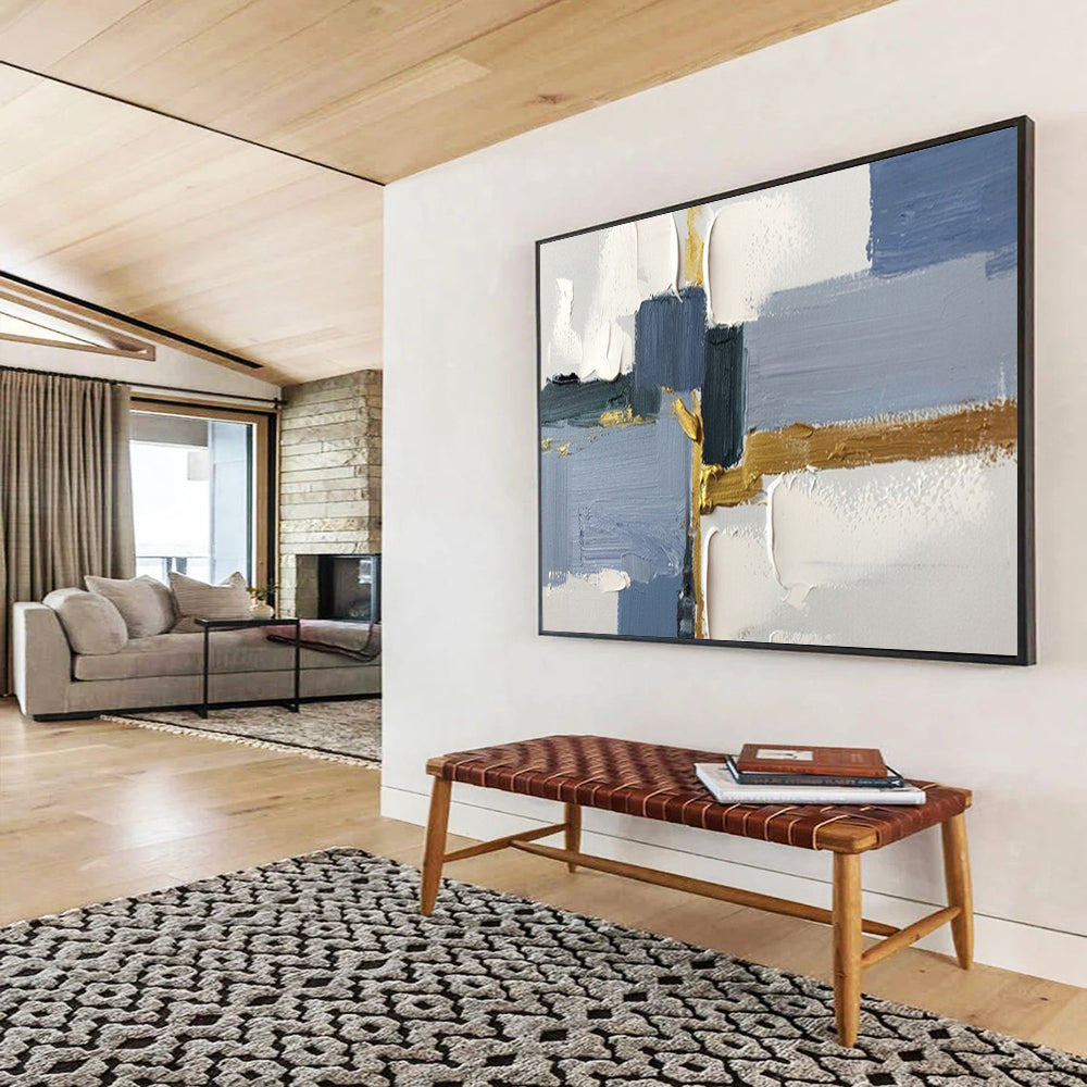 “Blue - Gray - Gold Geometric Abstract” - Contemporary Abstract Painting On Canvas PT1562