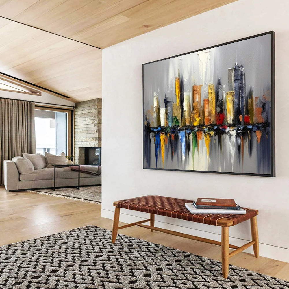 “Colorful Cityscape Reflection” - Impasto Urban Painting On Canvas PT067