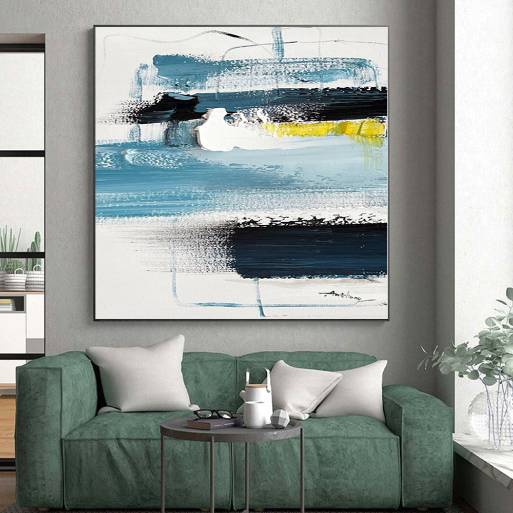 “Blue - Yellow Abstract Geometry” - Blue, Yellow, Black Abstract Painting On Canvas PS0483