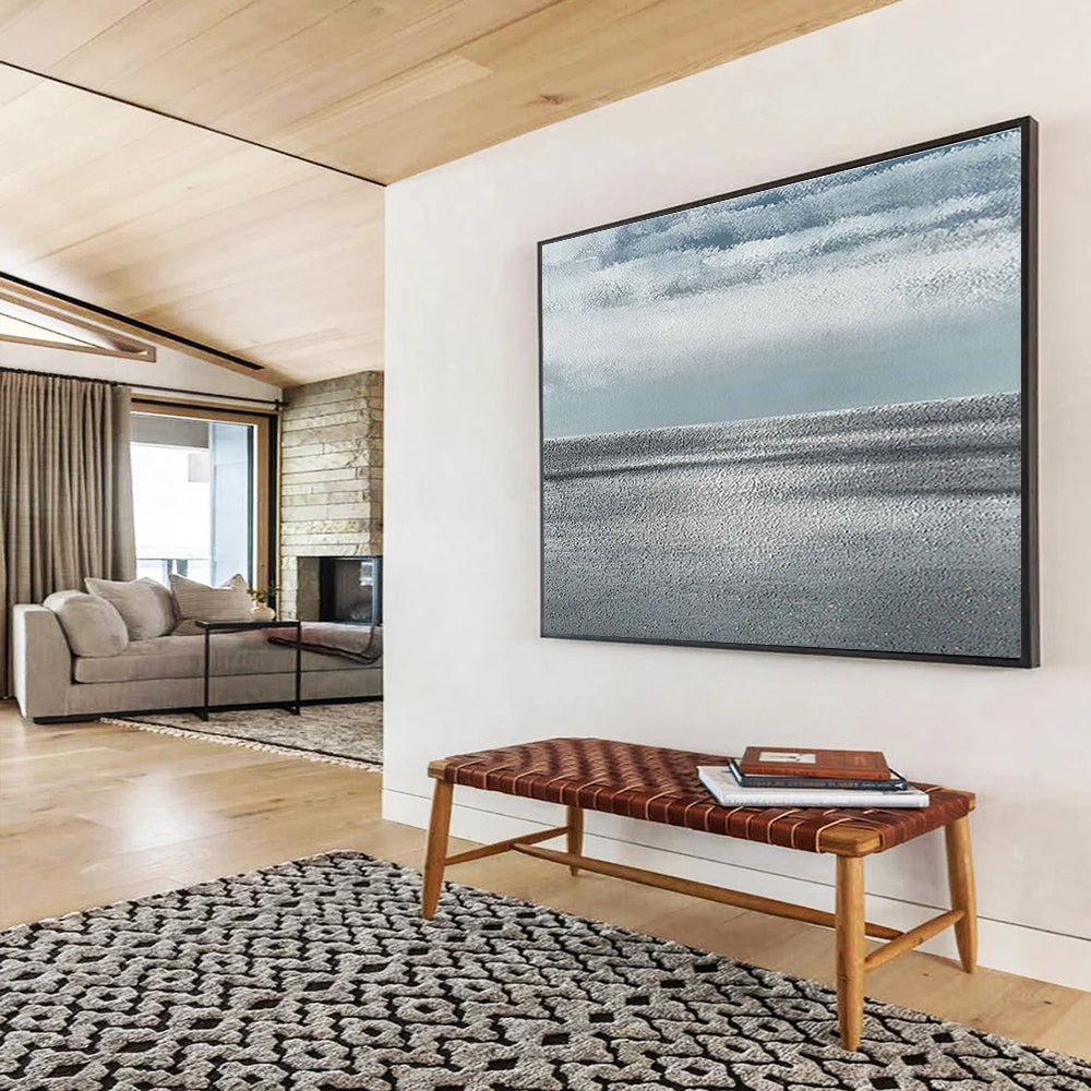 “Monochrome Sea Horizon” - Gray & Blue Abstract, Minimalist Oil Painting On Canvas DKS749