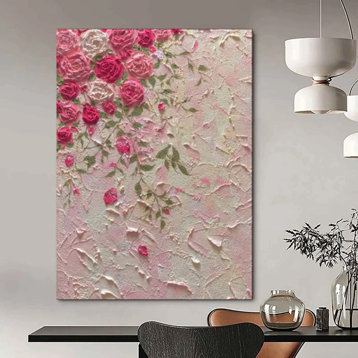 “Textured Pink Roses” - Impasto Floral Painting On Canvas PT1985