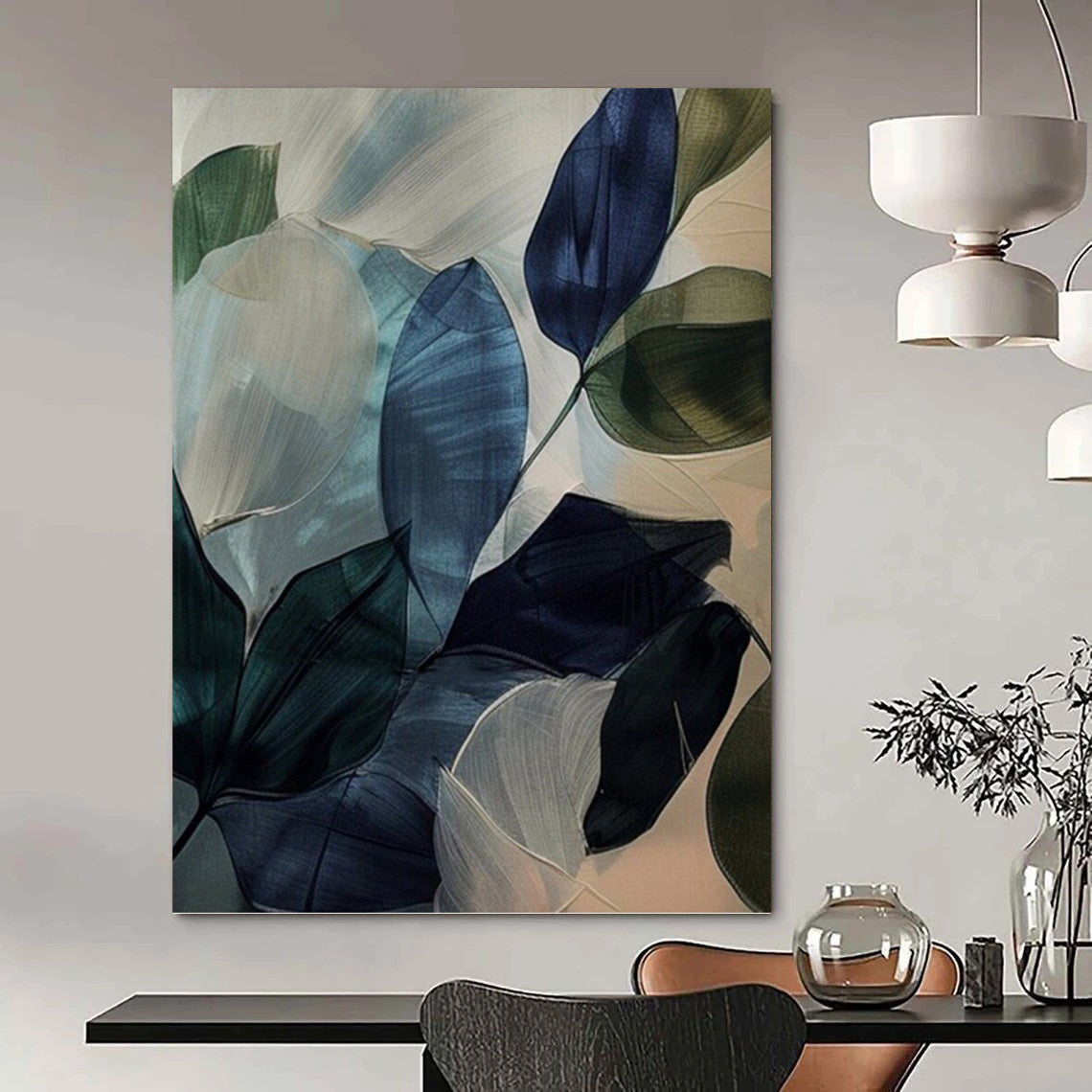 “Translucent Leaves: Blue - Green Botanical Art” - Delicate Nature Painting On Canvas PT0972