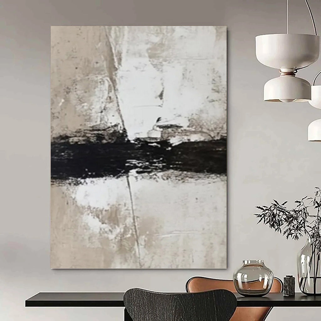 “Black, Beige and White Textured Abstract” - Minimalist Abstract Painting On Canvas PT0976