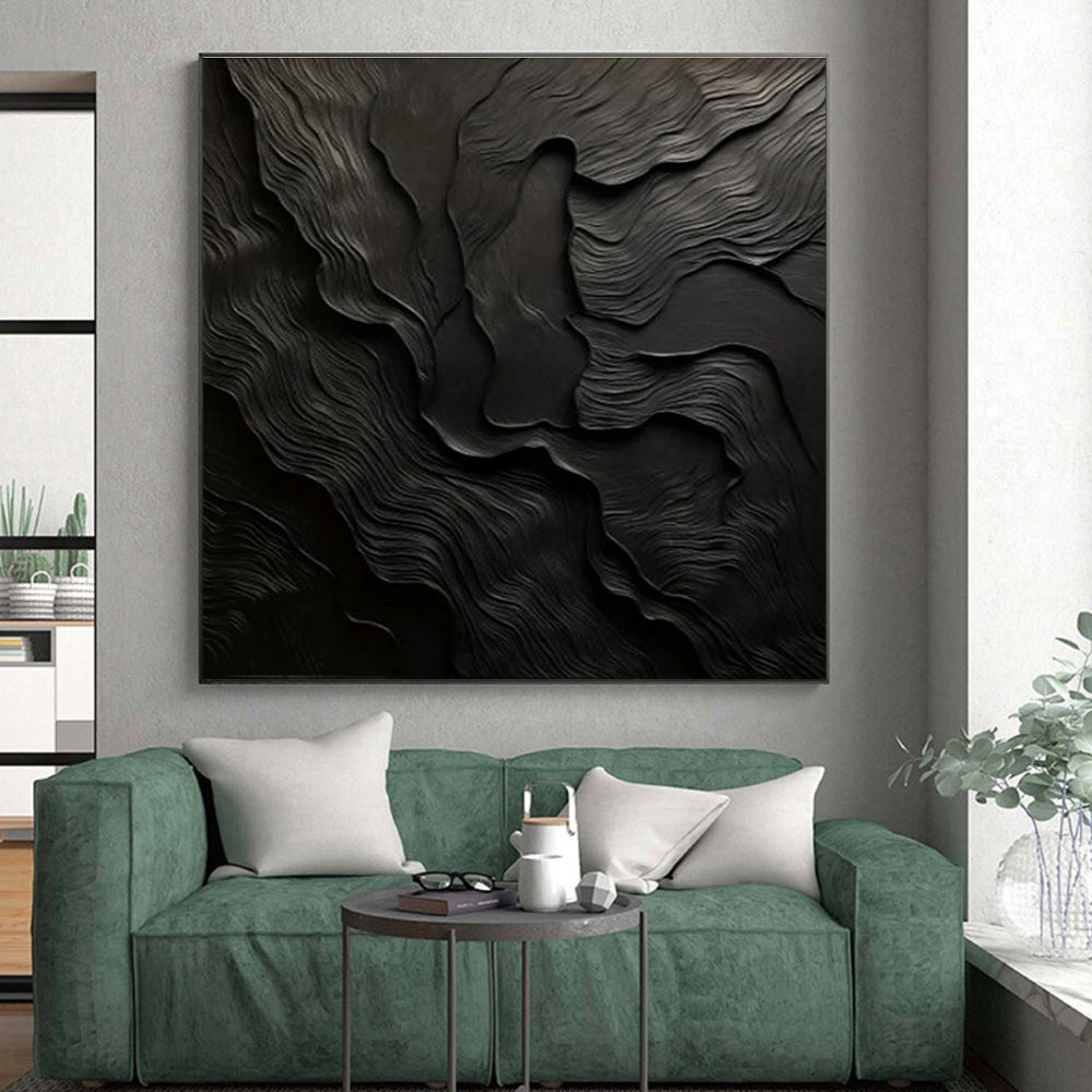 Black Textured Abstract Waves Painting On Canvas PS0833