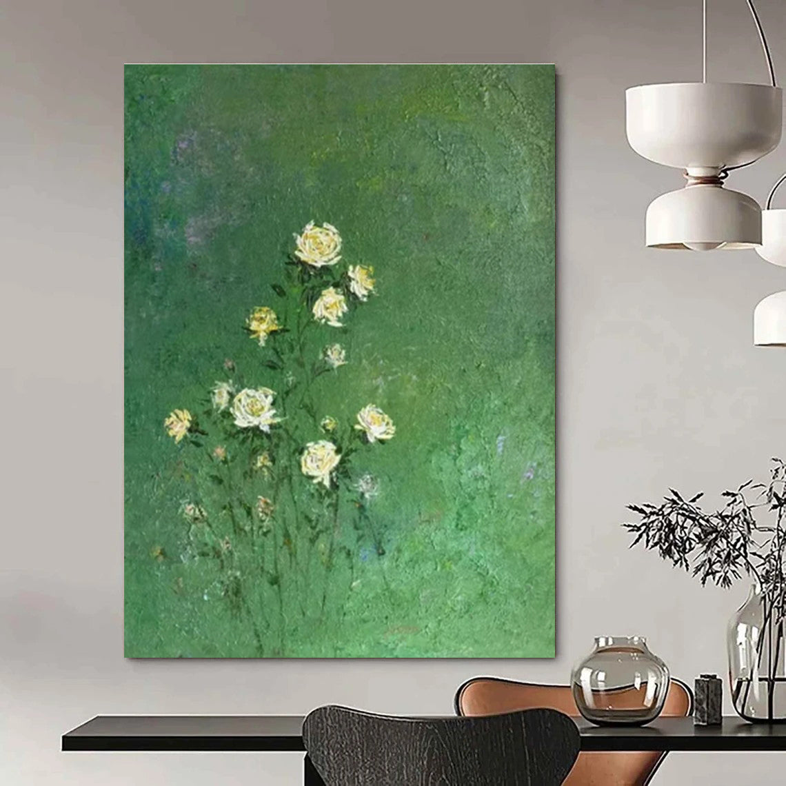 Green, White, Yellow with Delicate Flowers "Nature’s Whisper" Abstract Painting On Canvas PS1453