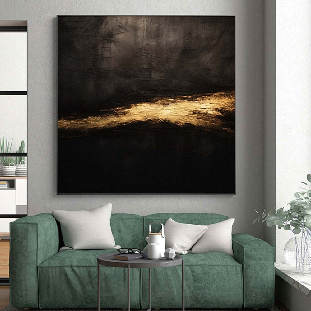 “Dark & Golden Mystery” - Black, Gold Abstract Minimalist Painting On Canvas PS0686