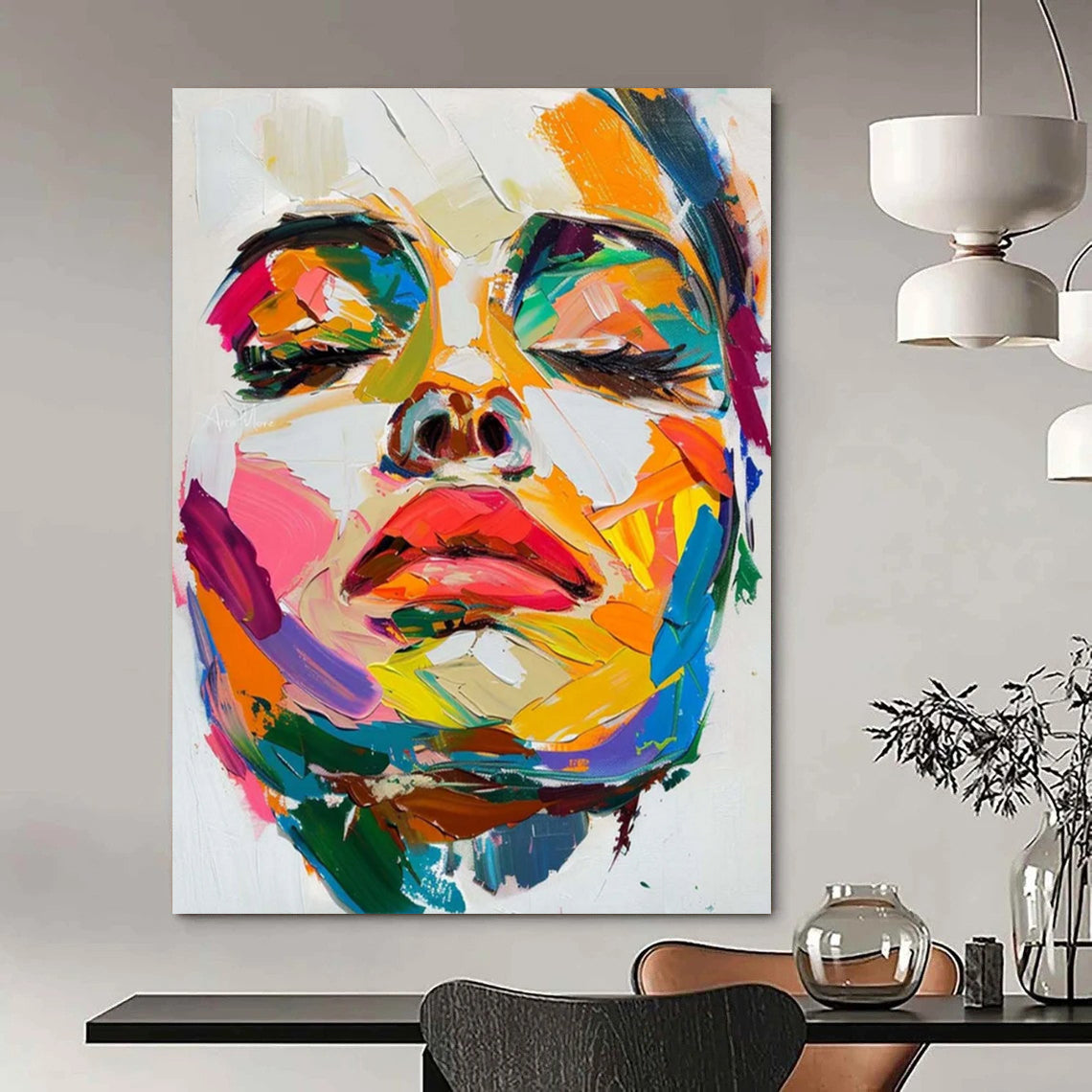 Colorful Abstract Face Close - Up Textured Painting On Canvas DS090