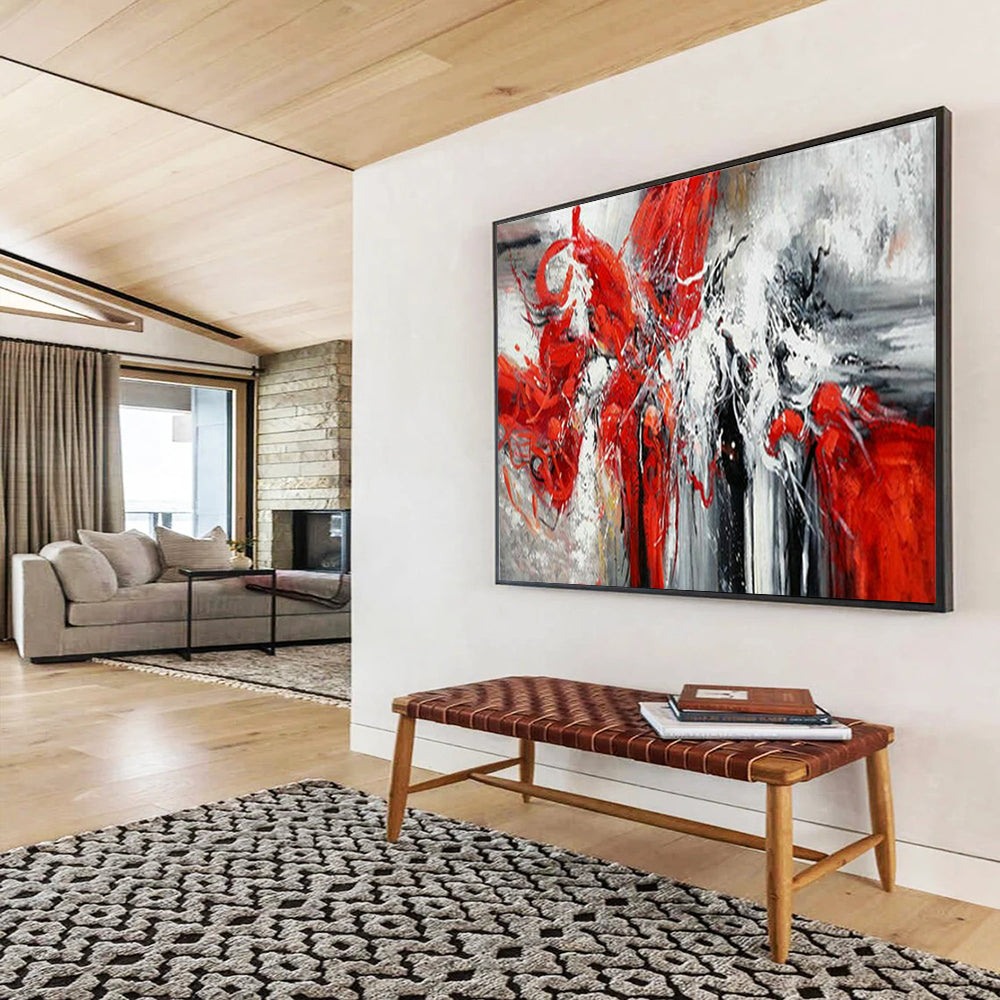 “Red - White Abstract Energy Burst” - Expressive Oil Painting on Canvas PT1485