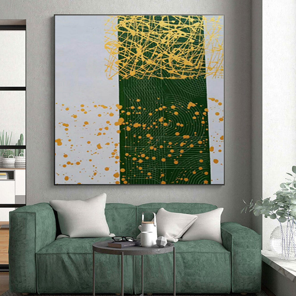 “Green - Yellow Splatter Geometry” - Green, Yellow Abstract Painting On Canvas PS0476