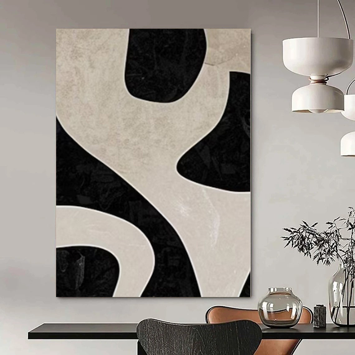 Beige and Black Flowing Shapes "Shadow Dance" Abstract Painting On Canvas PS1100