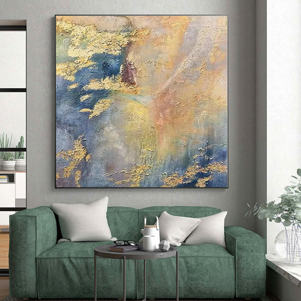 “Gold - Blue - Yellow Textured Abstraction” - Gold, Blue, Yellow Abstract Textured Painting On Canvas PS0582