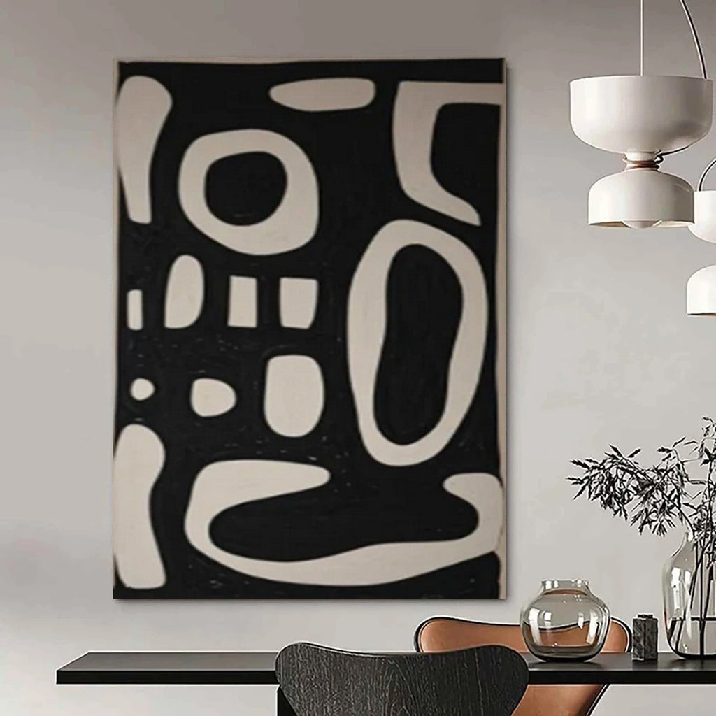 Black Background with White Curved Forms "Whimsical Silhouettes" Abstract Painting On Canvas PS1075