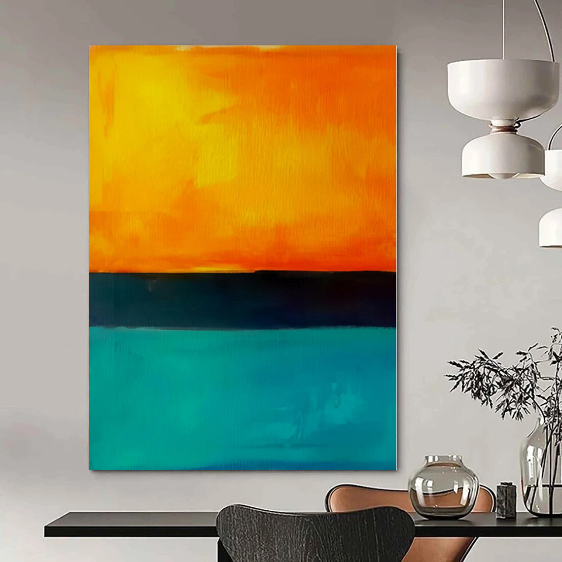 Orange, Teal, Black with Horizontal Bands "Sunset Surf" Abstract Painting On Canvas PS1187