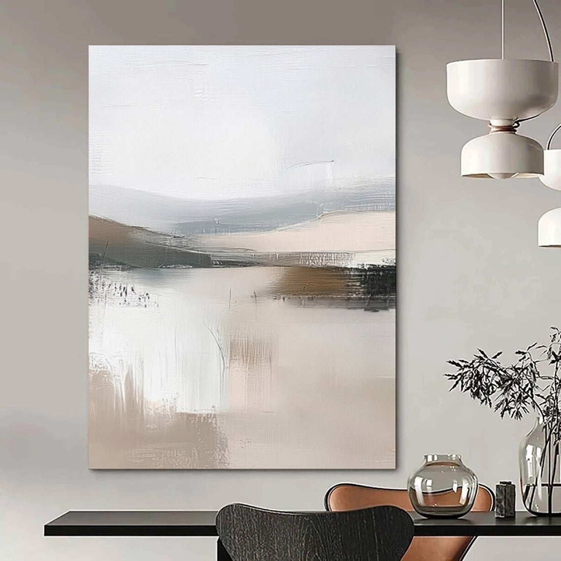 “Abstracted Mountain Lake in Beige - Gray” - Abstract Landscape Painting On Canvas PT2059