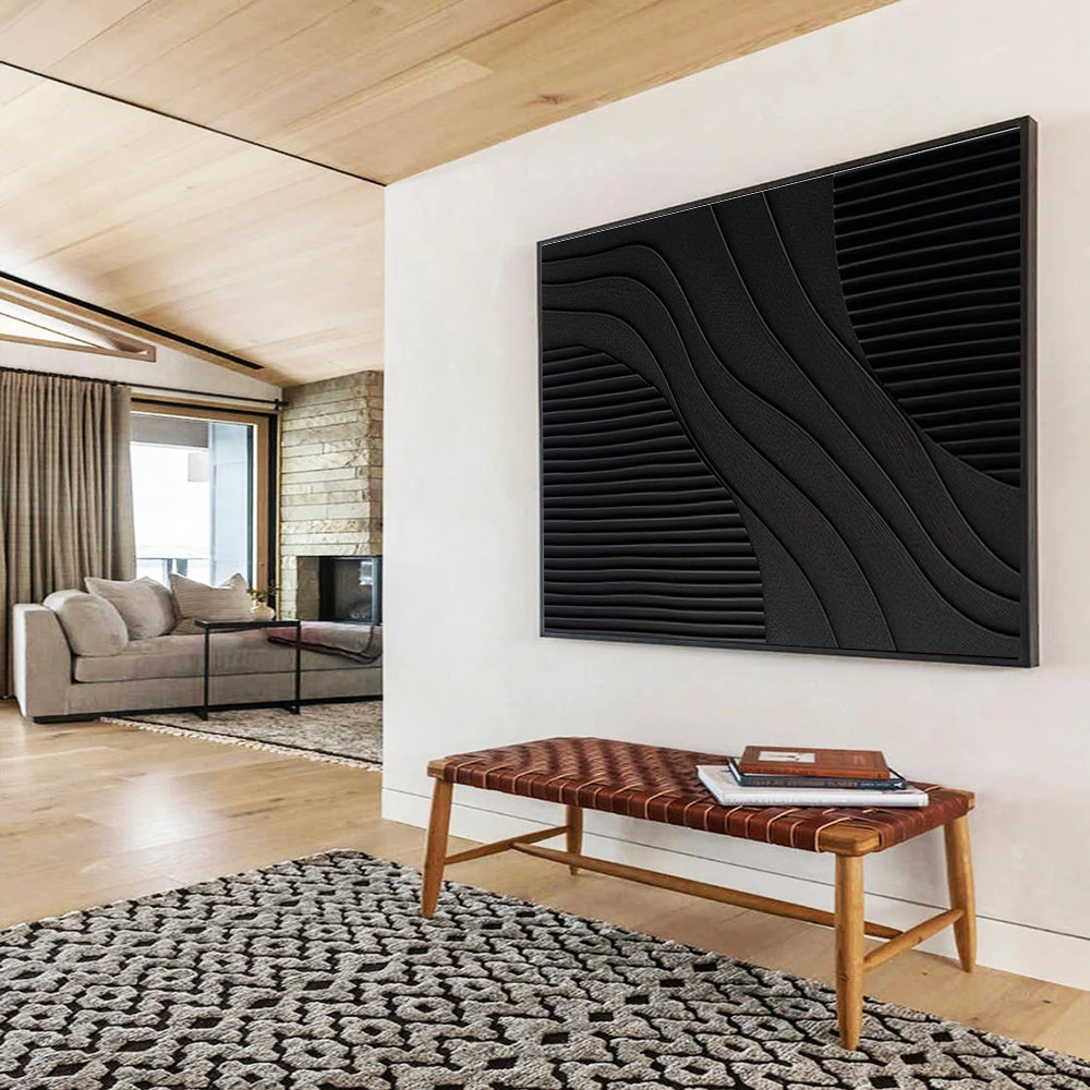 Black Curved and Straight Lines Minimalist Abstract Painting On Canvas DKS098