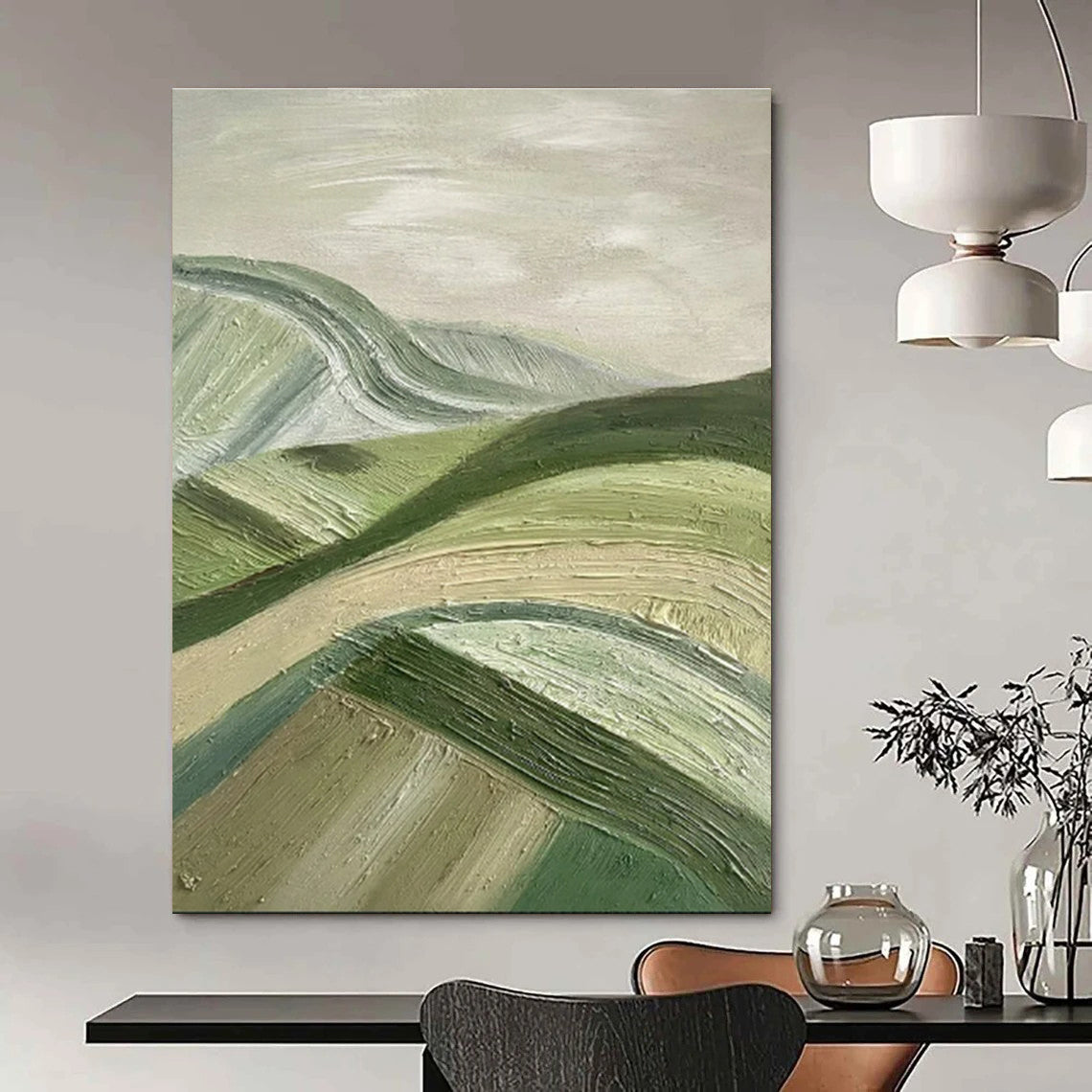 Green, Beige with Textured Hills "Rolling Serenity" Abstract Painting On Canvas PS1455