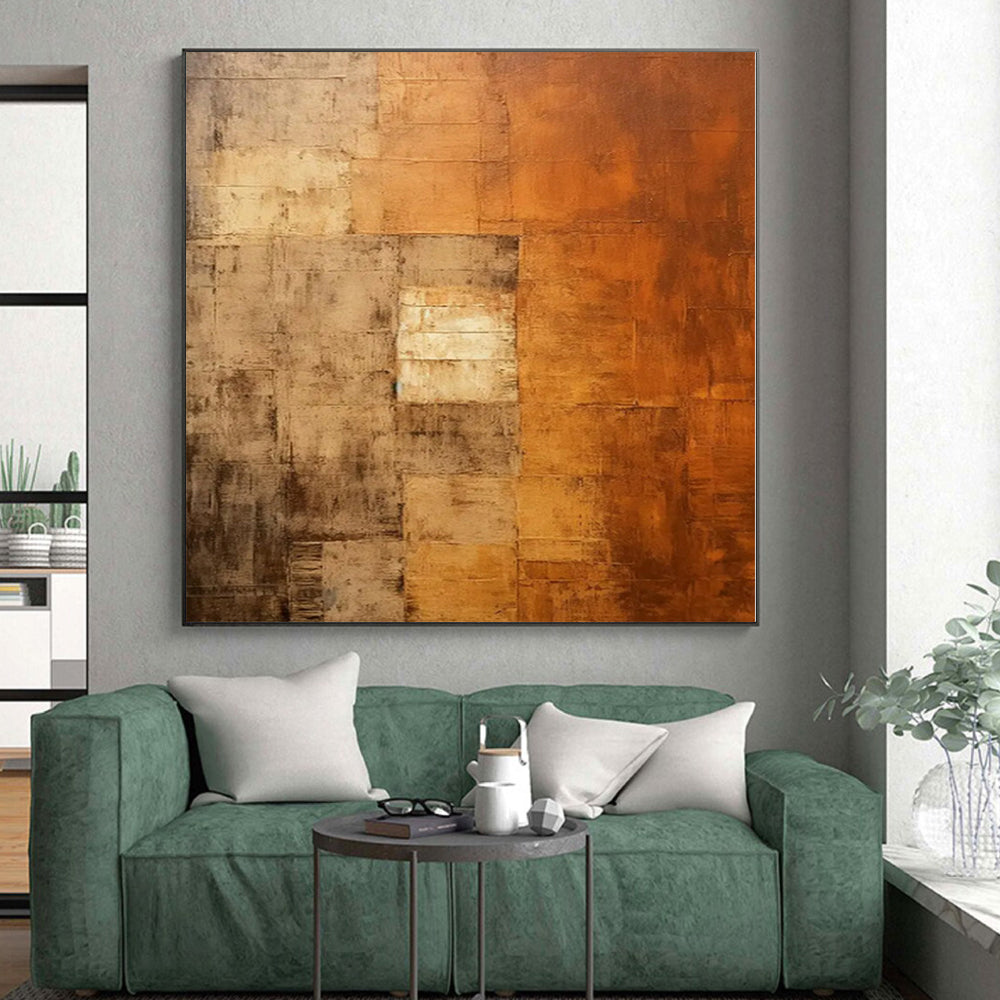 “Brown - Orange Abstract Textured Squares” - Rustic Abstract Painting On Canvas PS0338