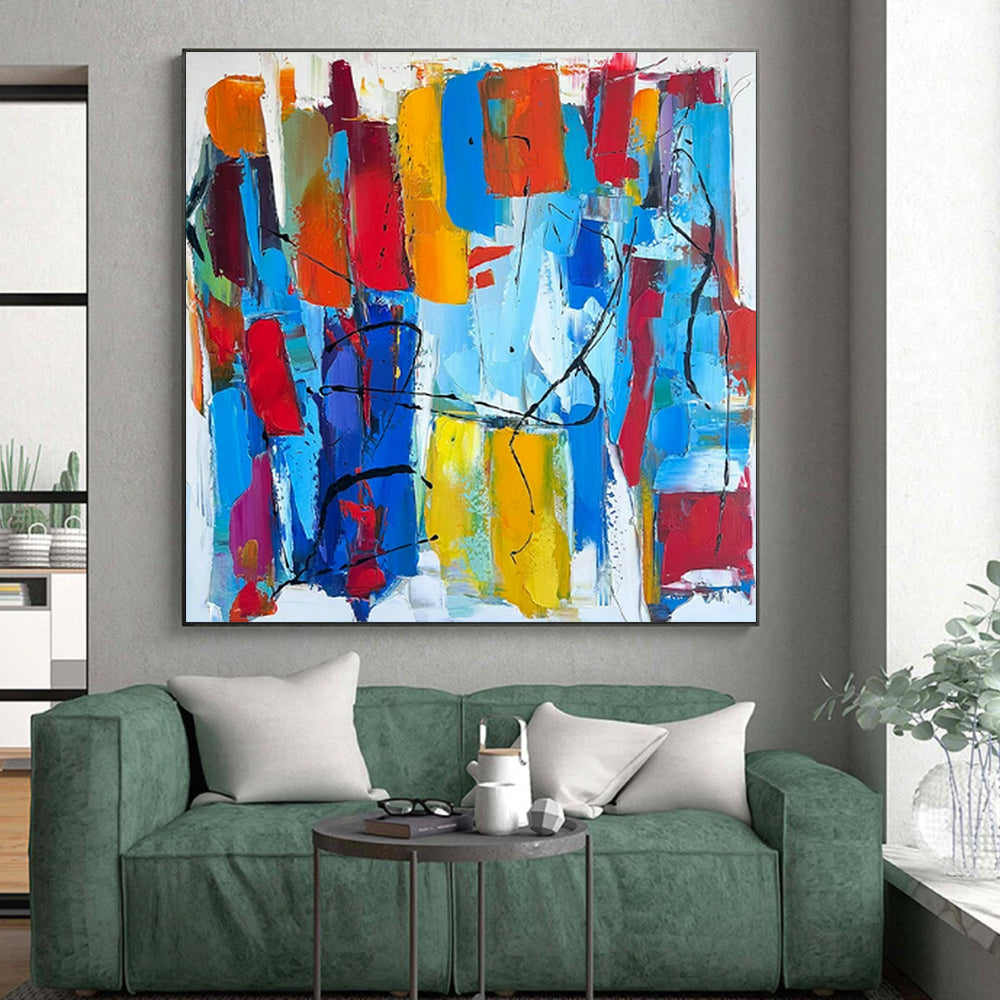 “Colorful Abstract Carnival” - Multicolor, Red, Blue, Yellow, Orange Abstract Expressionist Painting On Canvas PS0646