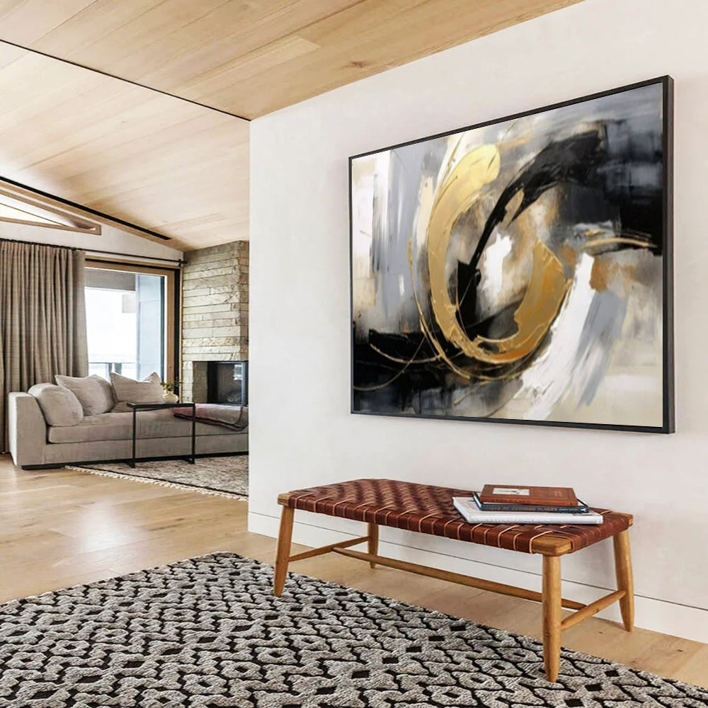 “Gold - Black - White Swirls” - Metallic Accents “Gilded Motion” Painting On Canvas PT1627