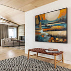 “Color - Blocked Landscape with River and Moon” - Cubist Landscape Painting On Canvas PT086