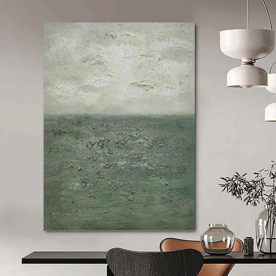 “Textured Green and Gray Seascape” - Seascape, Green - and - Gray Painting On Canvas PT1504