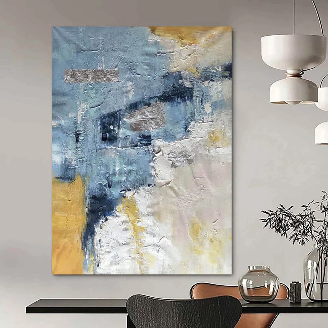 “Textured Blue & Gold Abstract” - Layered Paints with Metallic Shimmers Painting On Canvas DS255