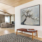 “White Blossom Tree” - Gray, White & Black Textured Tree, 3D Floral Relief Painting On Canvas DKS695