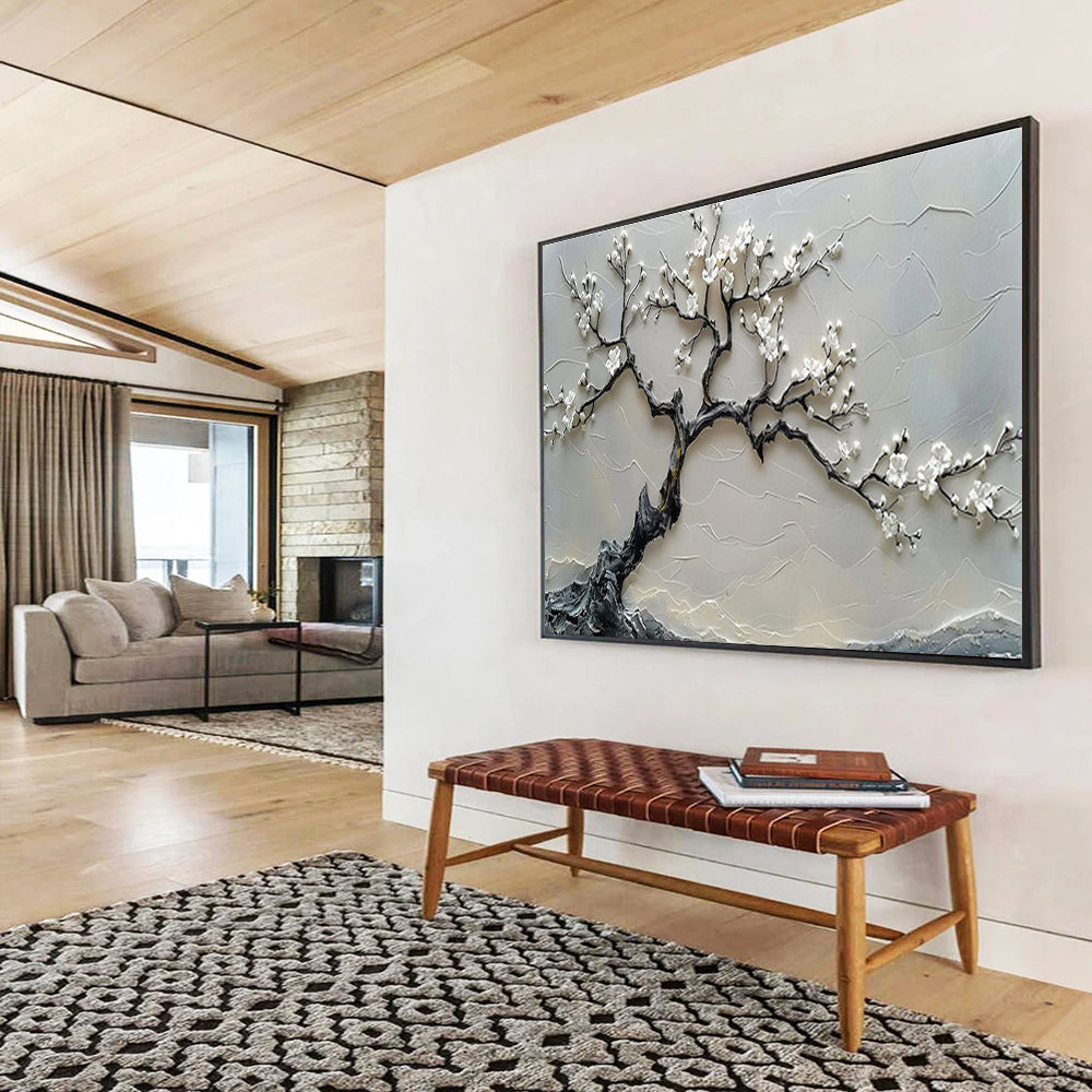 “White Blossom Tree” - Gray, White & Black Textured Tree, 3D Floral Relief Painting On Canvas DKS695