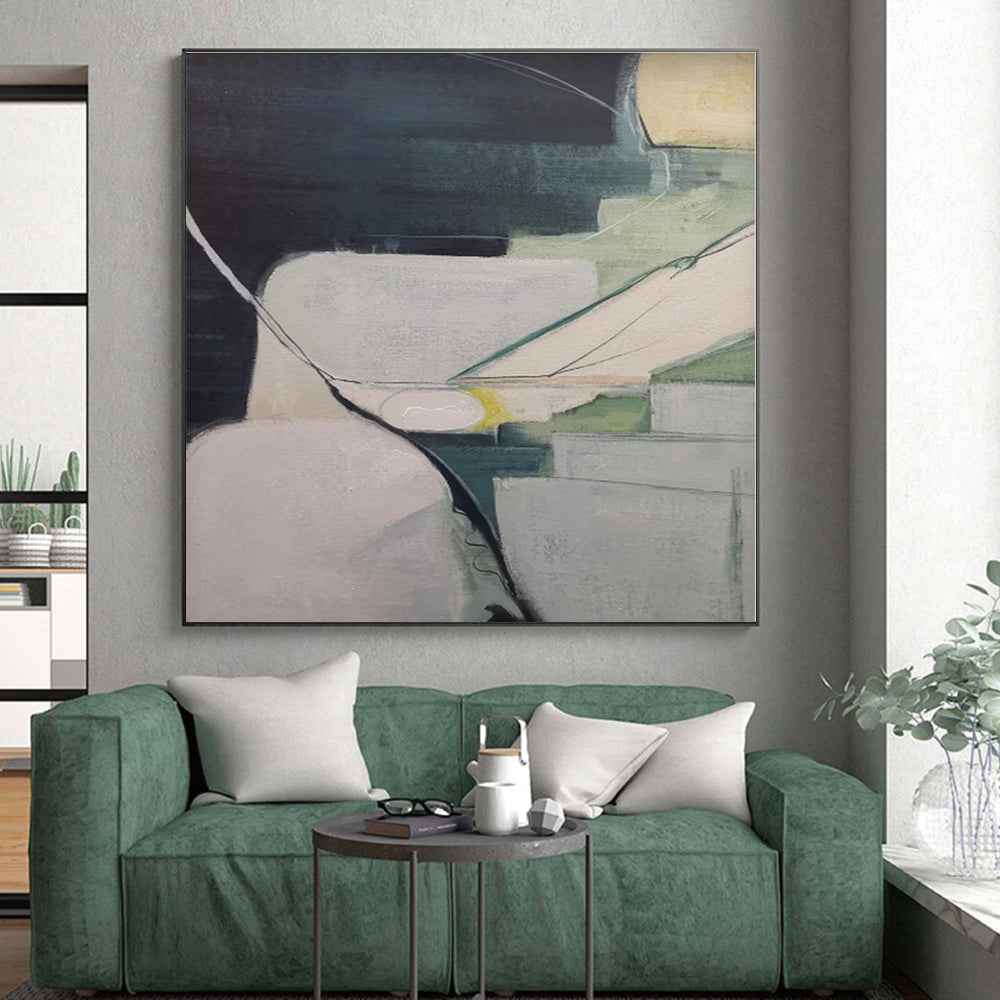 “Muted Tones Geometric Abstraction” - Gray, Green, White Abstract Geometric Painting On Canvas PS0556