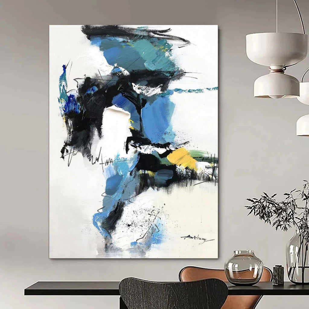 Blue - Black - White Abstract Splash, Echoing Willem de Kooning's Style, Painting On Canvas PT2085