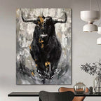 “Black - White - Gold Bull Portrait” - Expressionist Bull Painting On Canvas PT1971