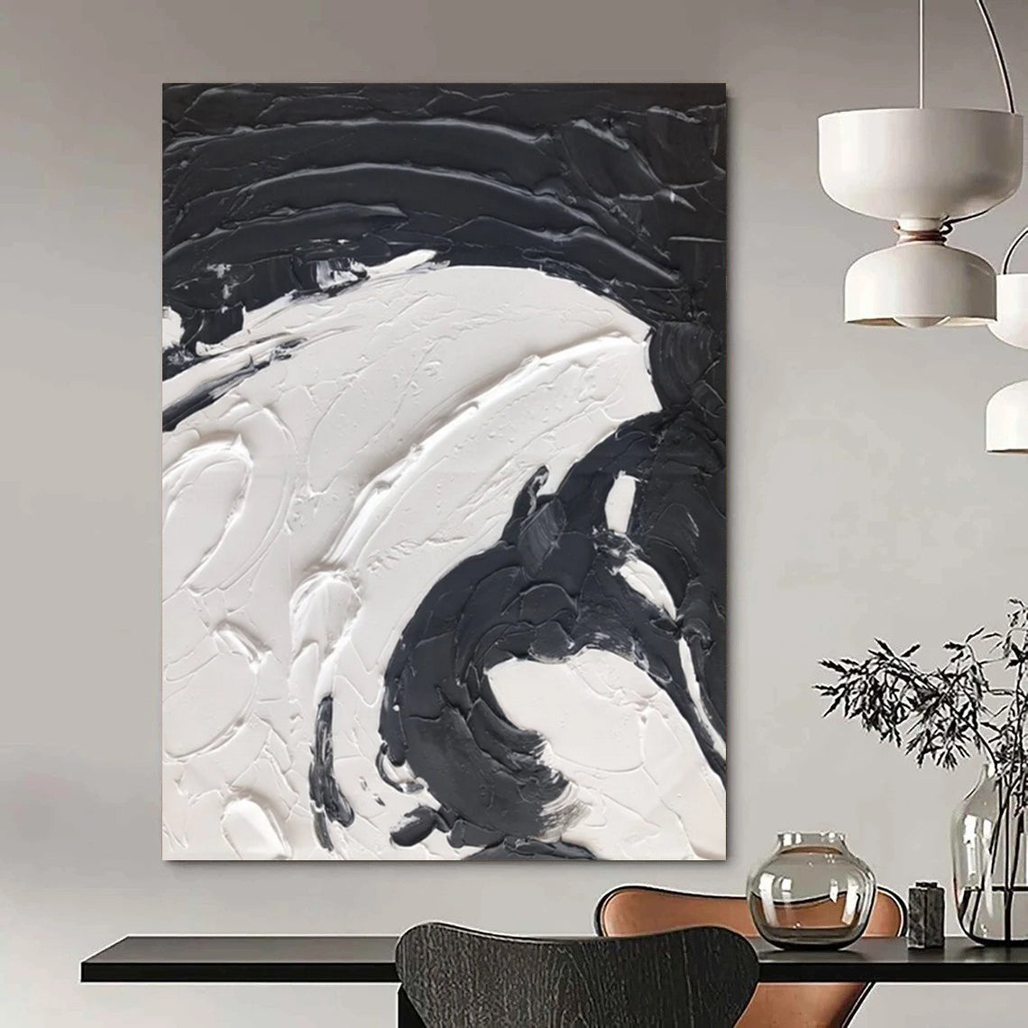 “Textured Swirls: Black and White Abstract” - Tactile Abstract Painting On Canvas DS393