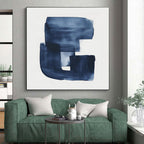 “Indigo Brushstroke Monogram” - Indigo, White Abstract Calligraphic Painting On Canvas PS0749