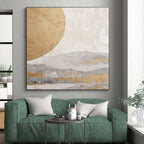 “Golden Sun & Misty Mountains” - Gold, Gray, Beige Abstract Landscape Painting On Canvas PS0745