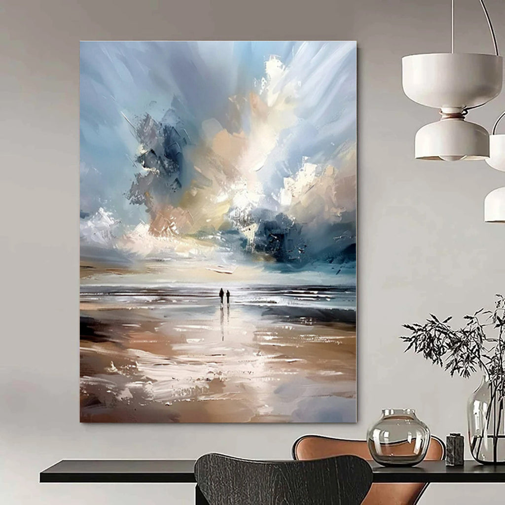 Blue, White, Gray with Beach Scene "Beach Serenity" Impressionist Painting On Canvas PS1329
