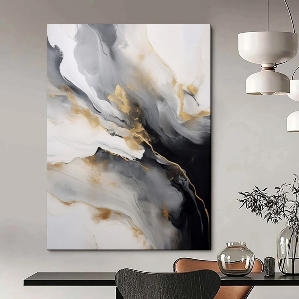 “Monochrome - Gold Abstract Fluid Swirls” - Abstract Painting On Canvas PT2066
