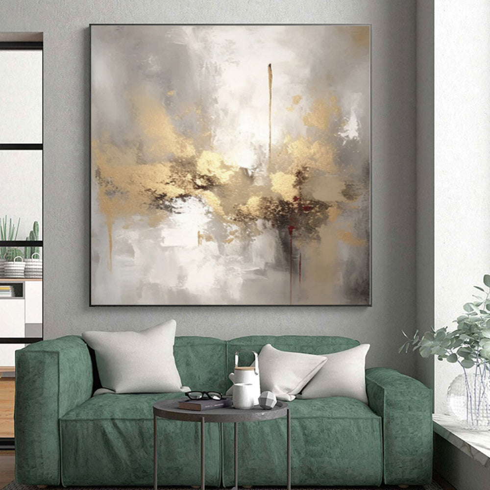 “Gray - Gold - Red Abstract Fusion” - Gray, Gold, Red Abstract Painting On Canvas PS0542