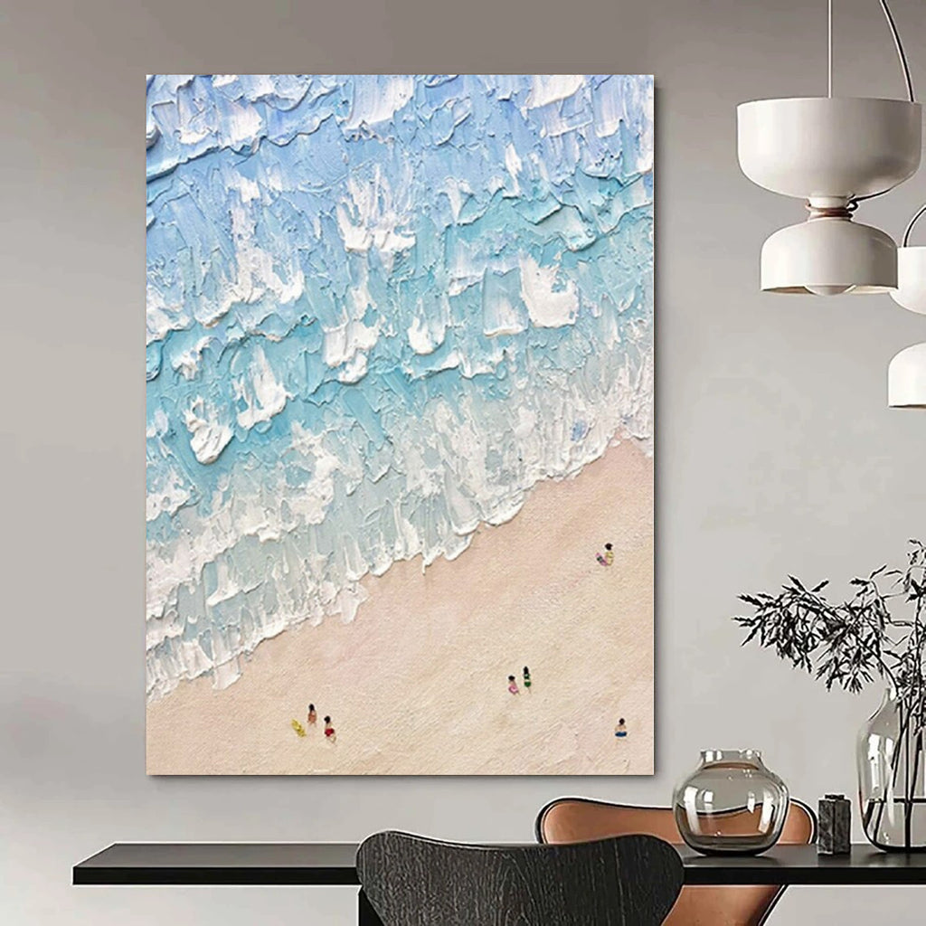 Blue, White and Beige with Textured Waves "Beach Impasto" Impressionistic Abstract Painting On Canvas PS1129