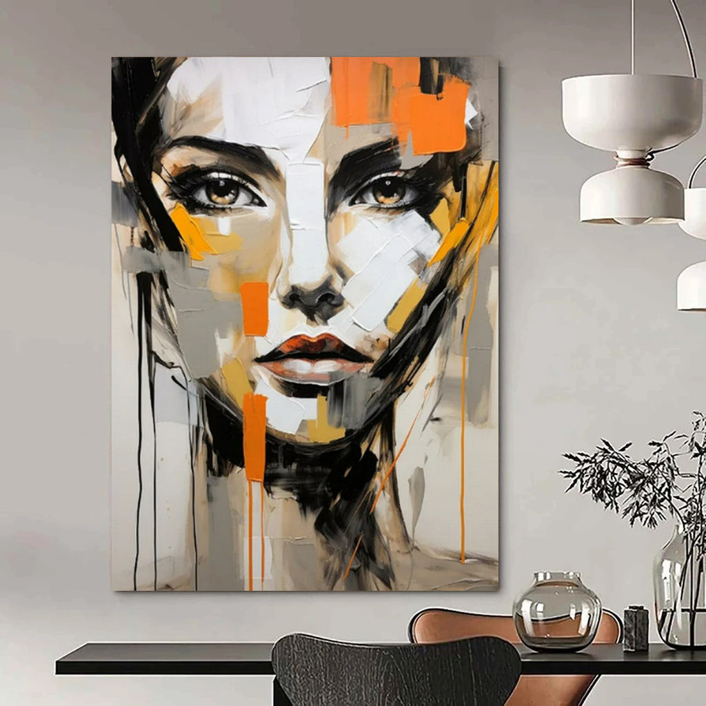 “Abstract Face with Orange Accents” - Contemporary Expressionist Painting On Canvas PT2215