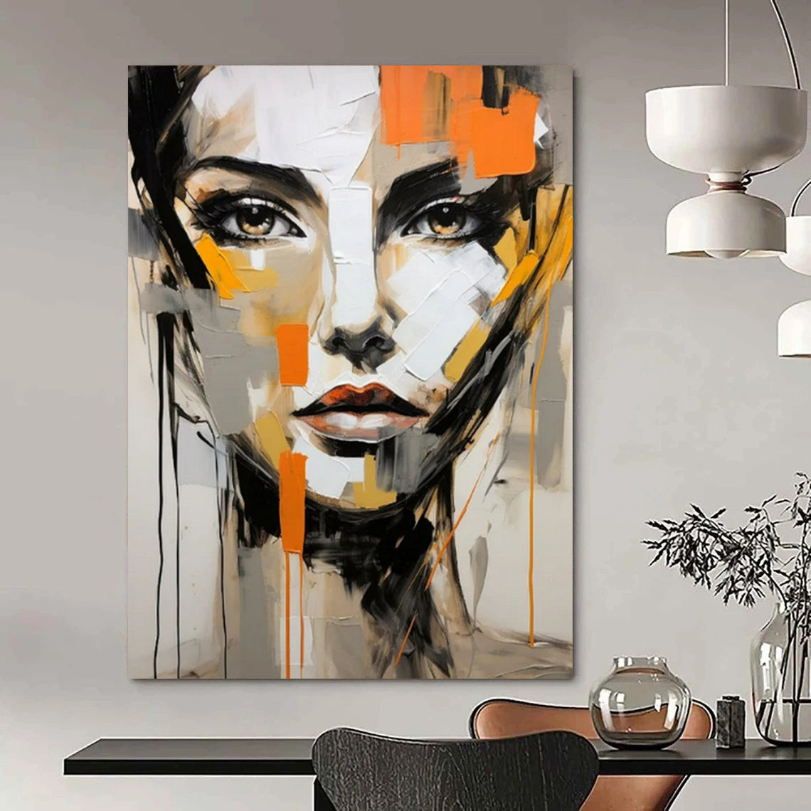 “Abstract Face with Orange Accents” - Contemporary Expressionist Painting On Canvas PT2215
