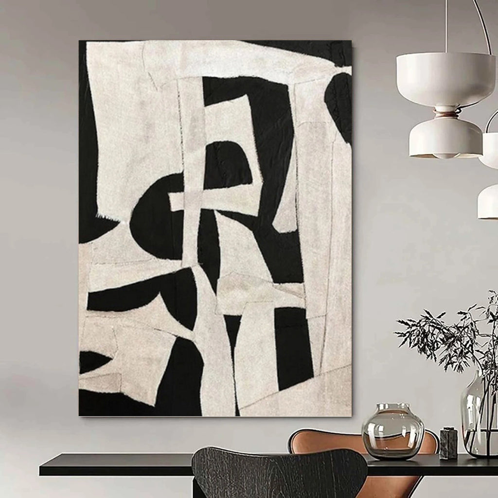 “Black - White Fabric Collage” - Textile Abstract Painting On Canvas PT1137
