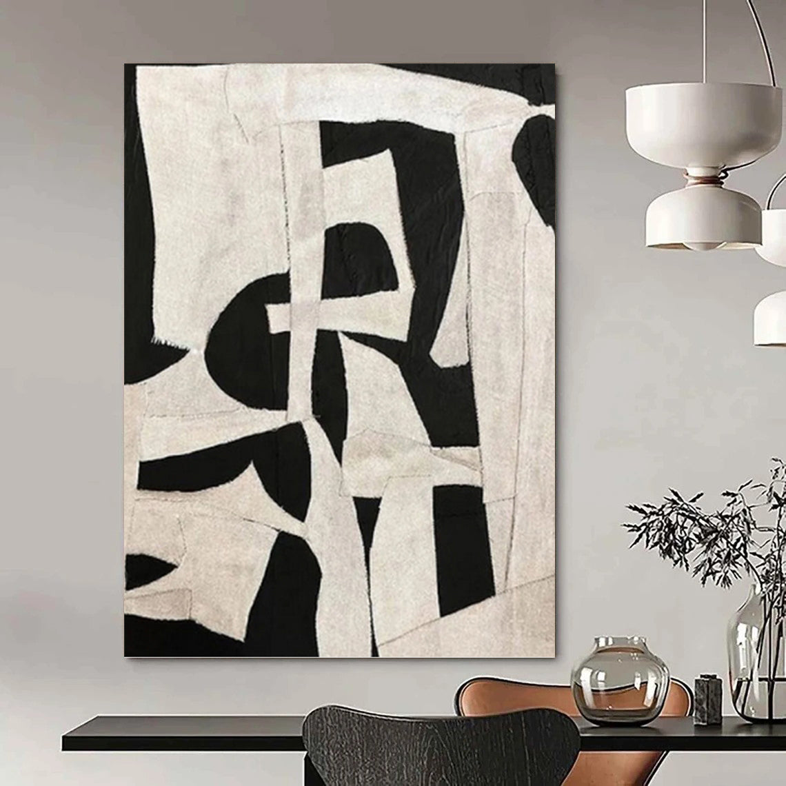 “Black - White Fabric Collage” - Textile Abstract Painting On Canvas PT1137
