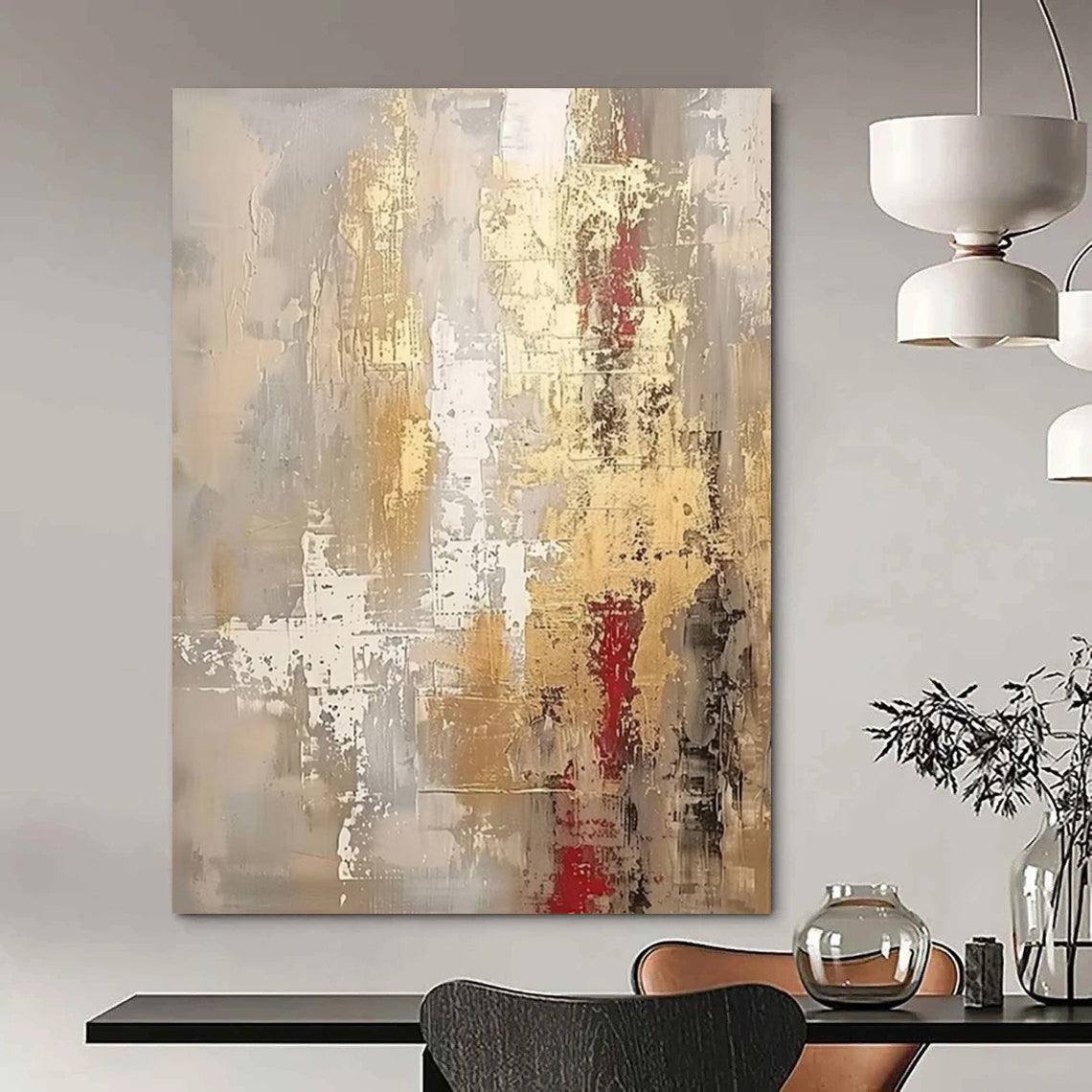 Gray, Gold, White, and Red, "Gilded Ruins" – Abstract Painting On Canvas PS1017
