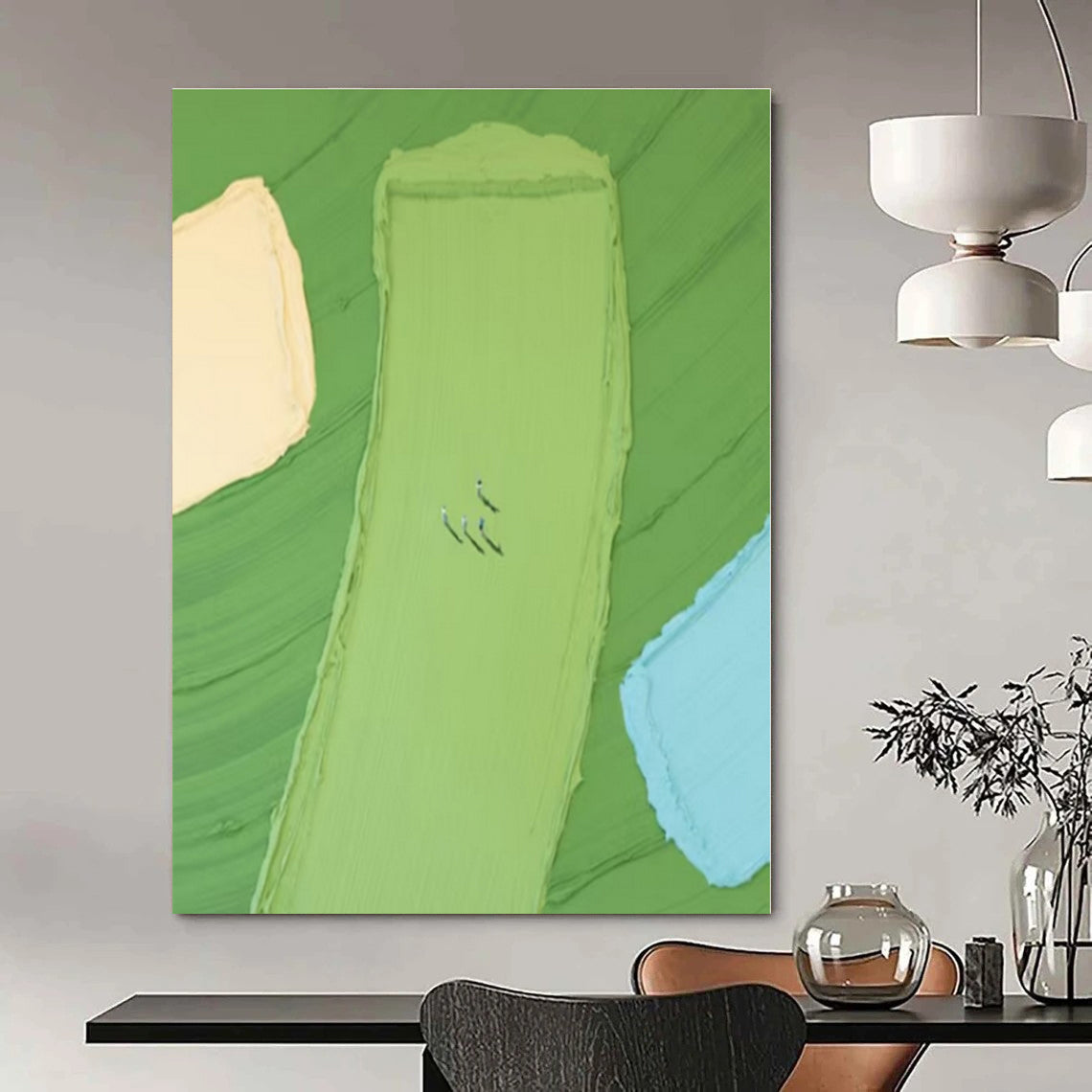 Green, Yellow, Blue with Small Figures "Colorful Fields" Abstract Painting On Canvas PS1354
