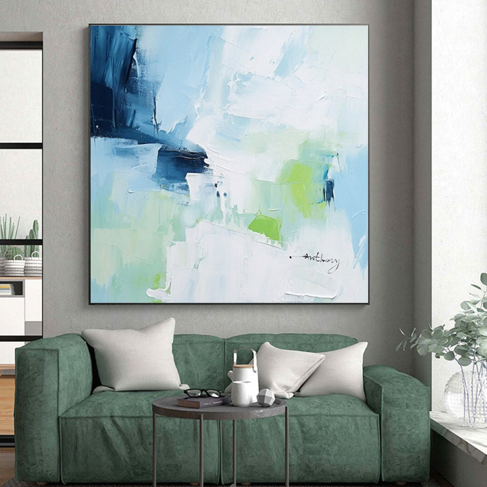 “Blue - Green Abstract Brushstrokes” - Blue, Green, White Abstract Expressionist Painting PS0769